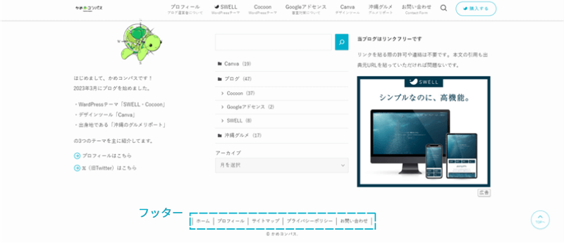 PC画面上にある「フッター」の場所