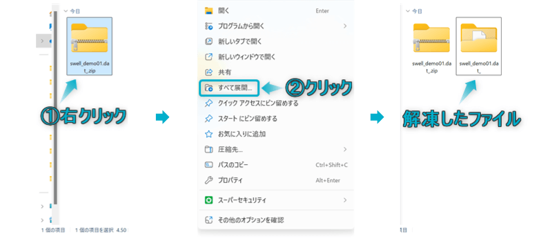 「すべて展開...」がある場所とzipファイルが解凍できた様子