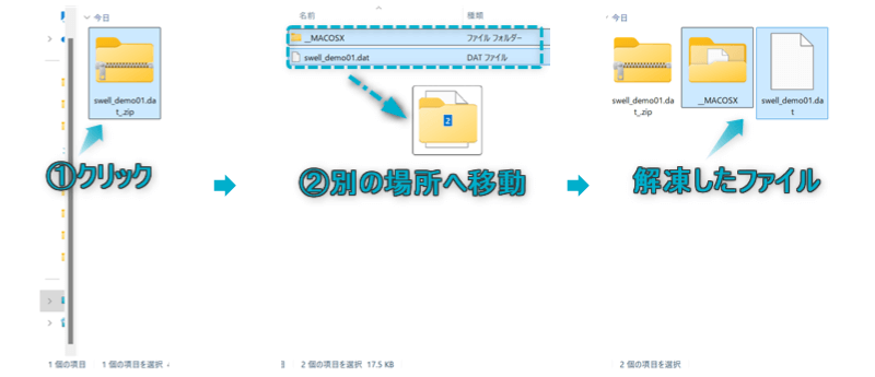 zipファイル内のものを別のフォルダに移動させてzipファイルを解凍させた様子