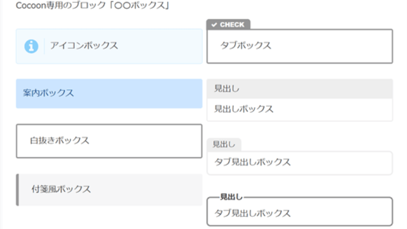 Cocoon専用ブロックエディター「〇〇ボックス」の表示例