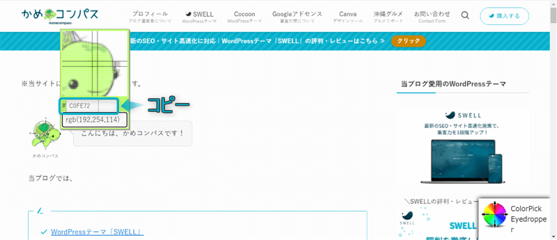 コピーしたいカラーコードが表示されている場所
