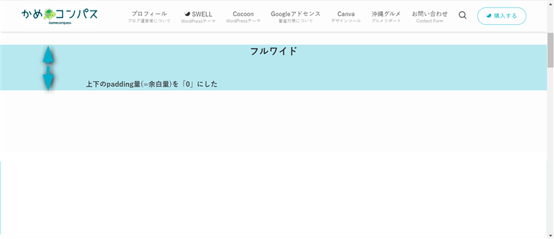 上下のpadding量を「0」に設定したときのフルワイドブロックの表示