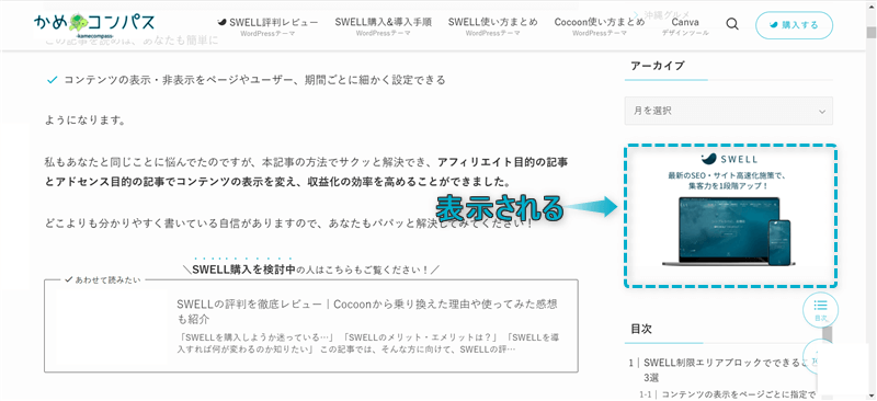 制限エリアブロックを使って投稿ページでのアフィリアエイト広告を表示させた場合